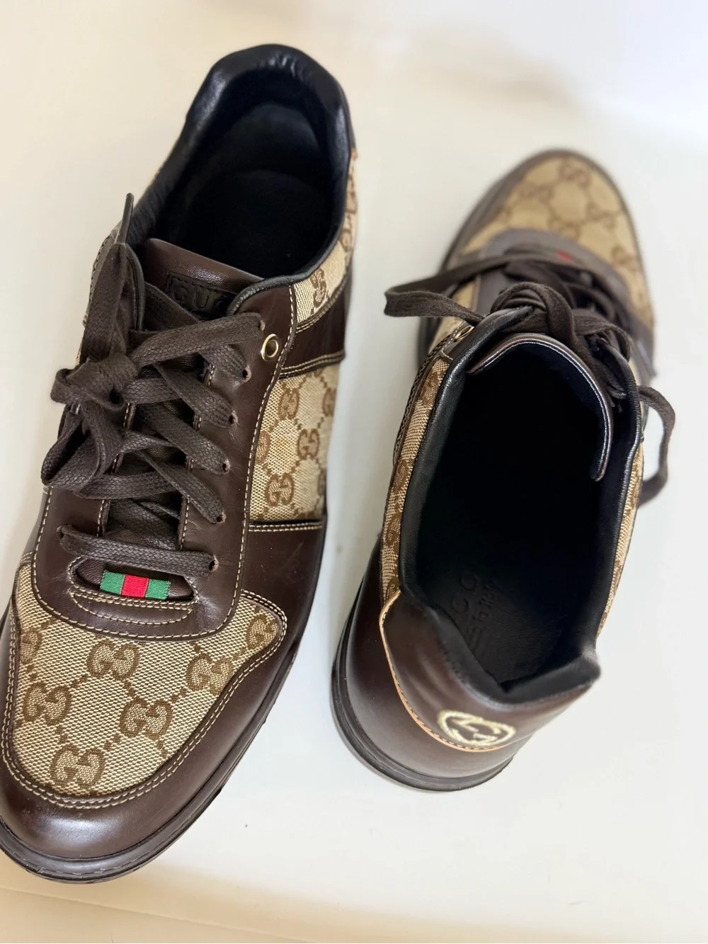 Gucci Brown GG Canvas & Dark Brown Leather Sneakers with Green-Red Web Size 8